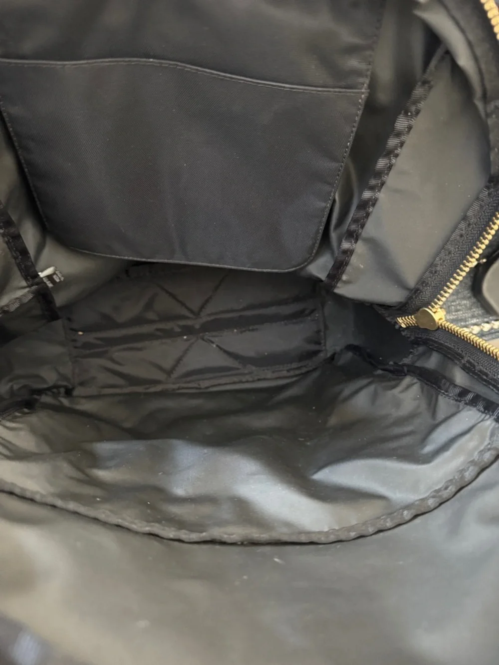 Frye Black Backpack with Brown Leather Accents and Gold Hardware